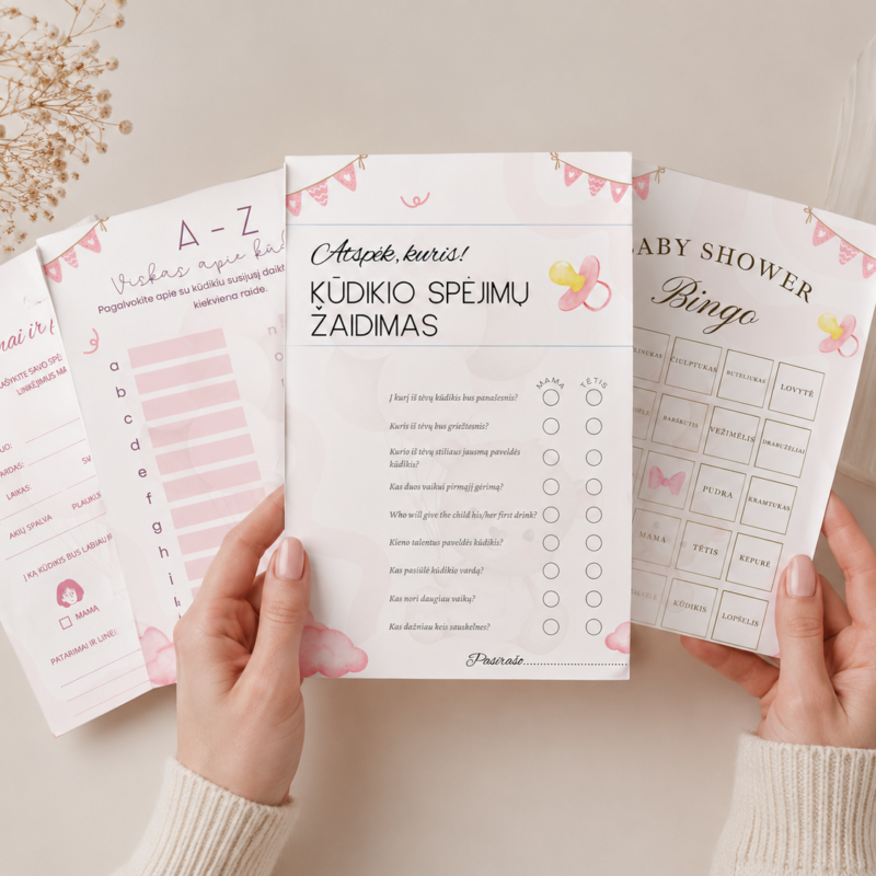 Baby Shower žaidimai (4 vnt.) – Dizainas nr. 2