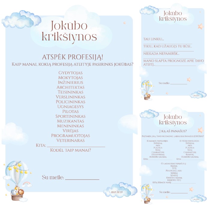 Krikštynų žaidimų kortelės (3 vnt.) – Dizainas Nr. 4 - Image 2
