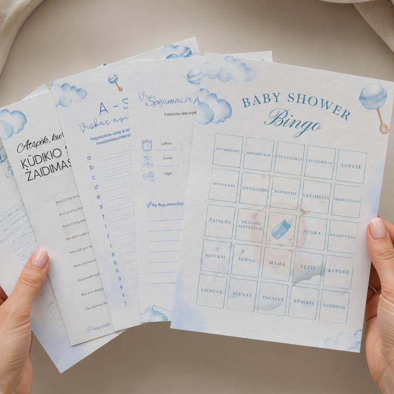 Baby Shower žaidimai (4 vnt.) – Dizainas nr. 1