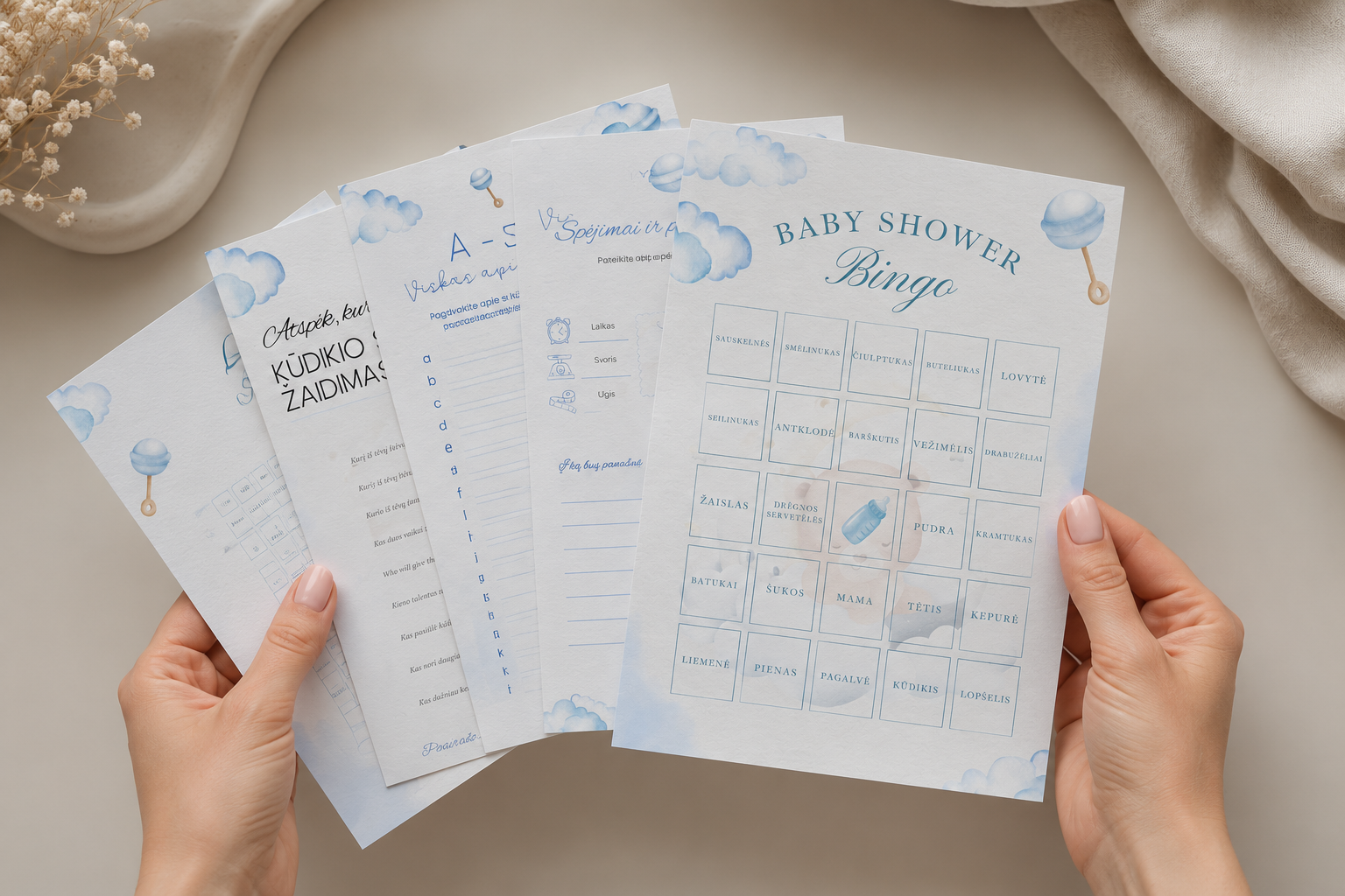 Baby Shower žaidimai (4 vnt.) – Dizainas nr. 1