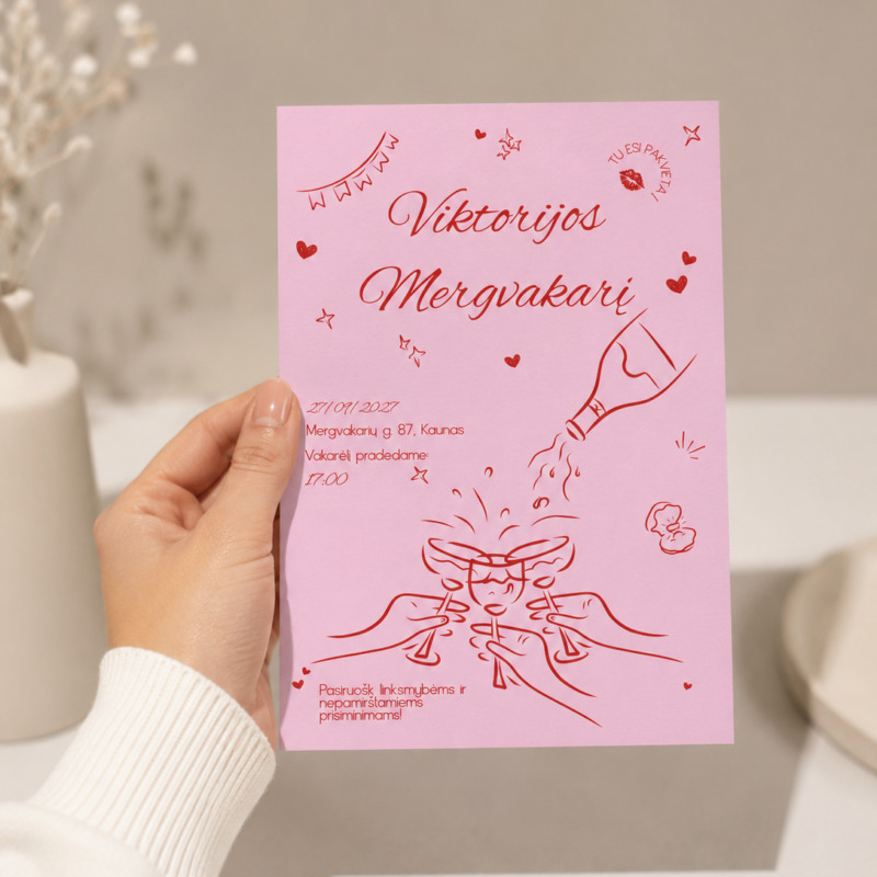 Mergvakario kvietimo kortelė – Dizainas Nr. 6