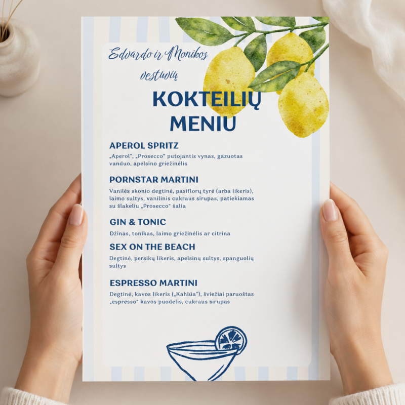Kokteilių meniu – Dizainas nr. 1
