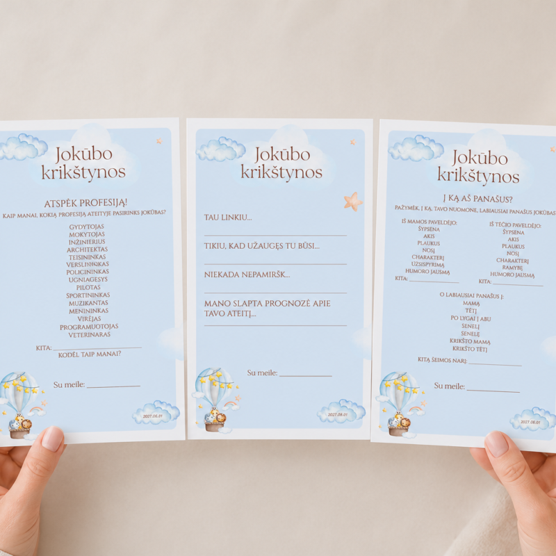 Krikštynų žaidimų kortelės (3 vnt.) – Dizainas Nr. 4