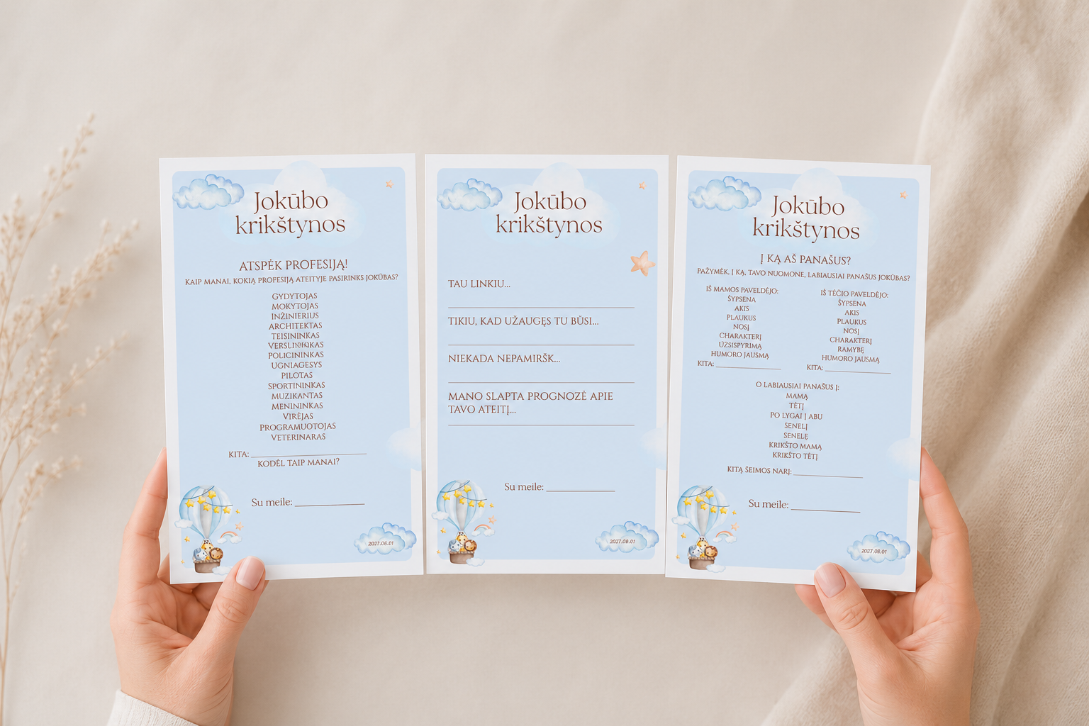 Krikštynų žaidimų kortelės (3 vnt.) – Dizainas Nr. 4