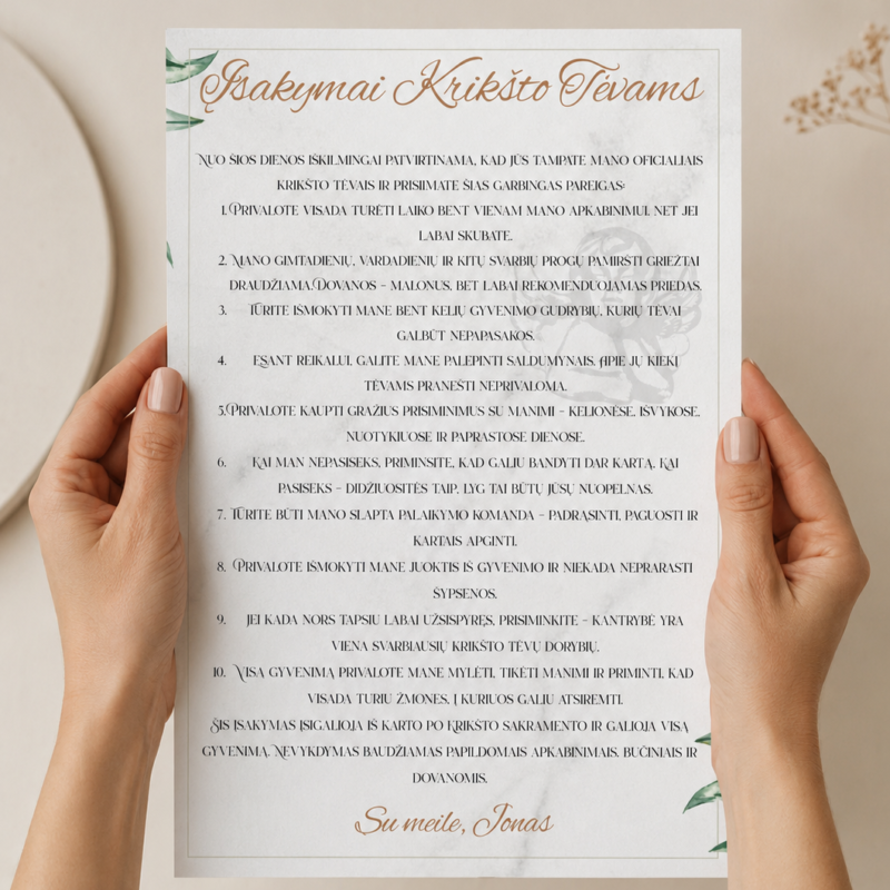 Krikšto vaiko įsakymai krikšto tėvams – Dizainas Nr. 1