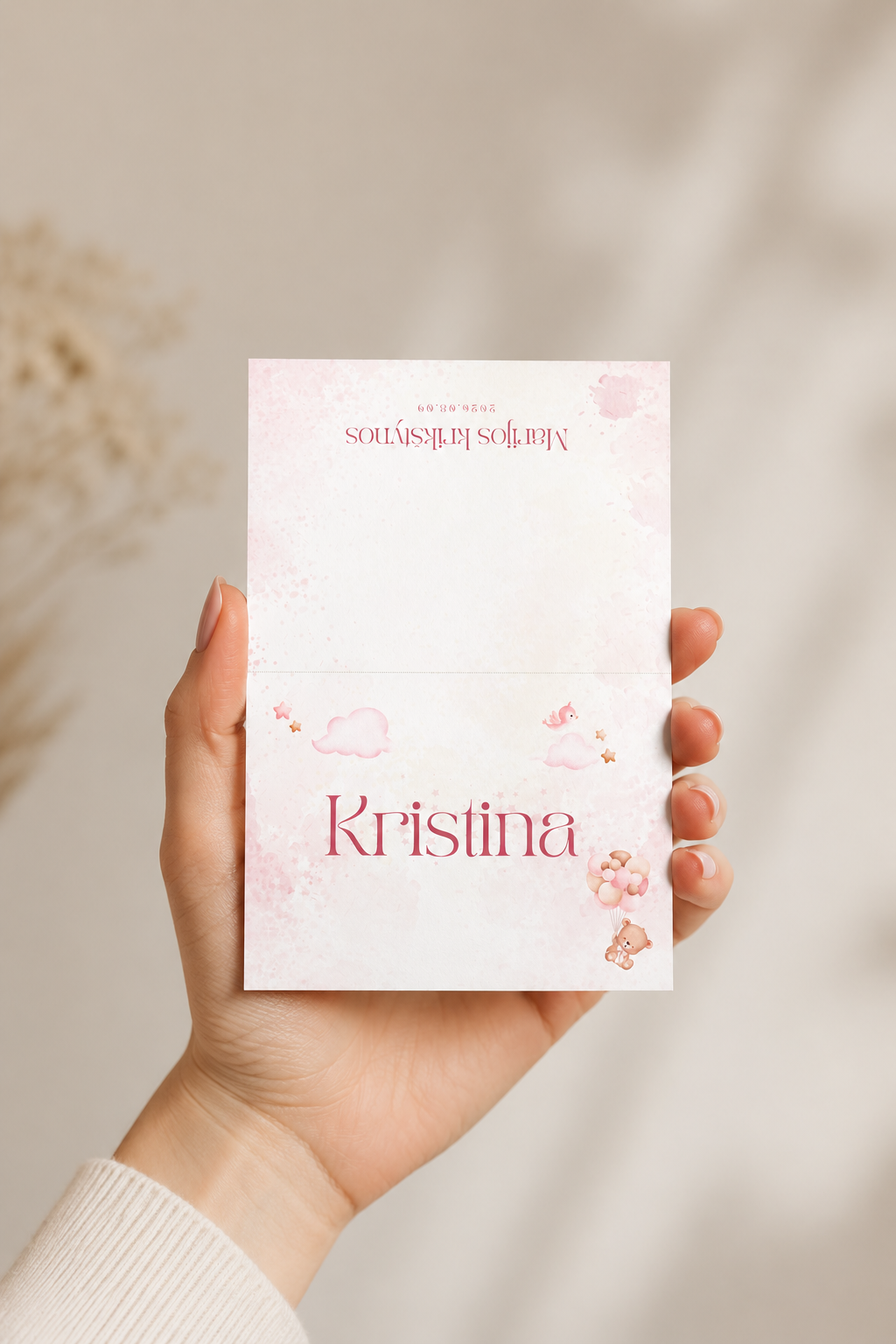 Krikštynų stalo kortelės su vardais – Dizainas nr. 2