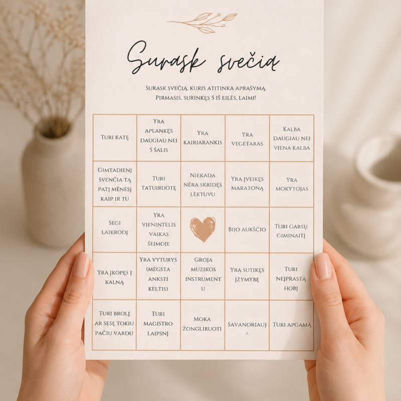 Vestuvių Bingo Kortelės „Surask svečią“ – Dizainas Nr. 1