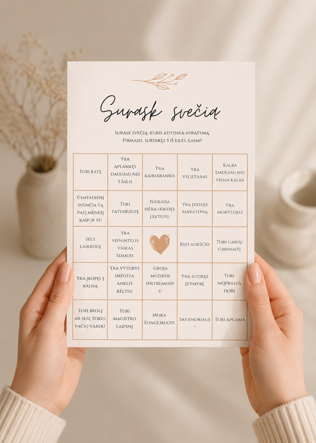 Vestuvių Bingo Kortelės „Surask svečią“ – Dizainas Nr. 1