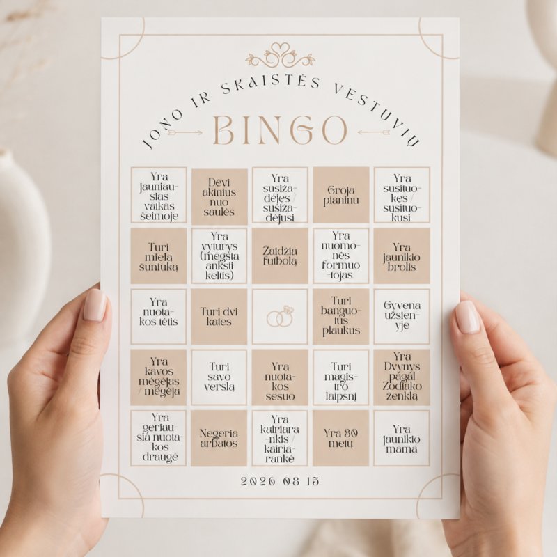 Vestuvių Bingo Kortelės „Surask svečią“ – Dizainas Nr. 2
