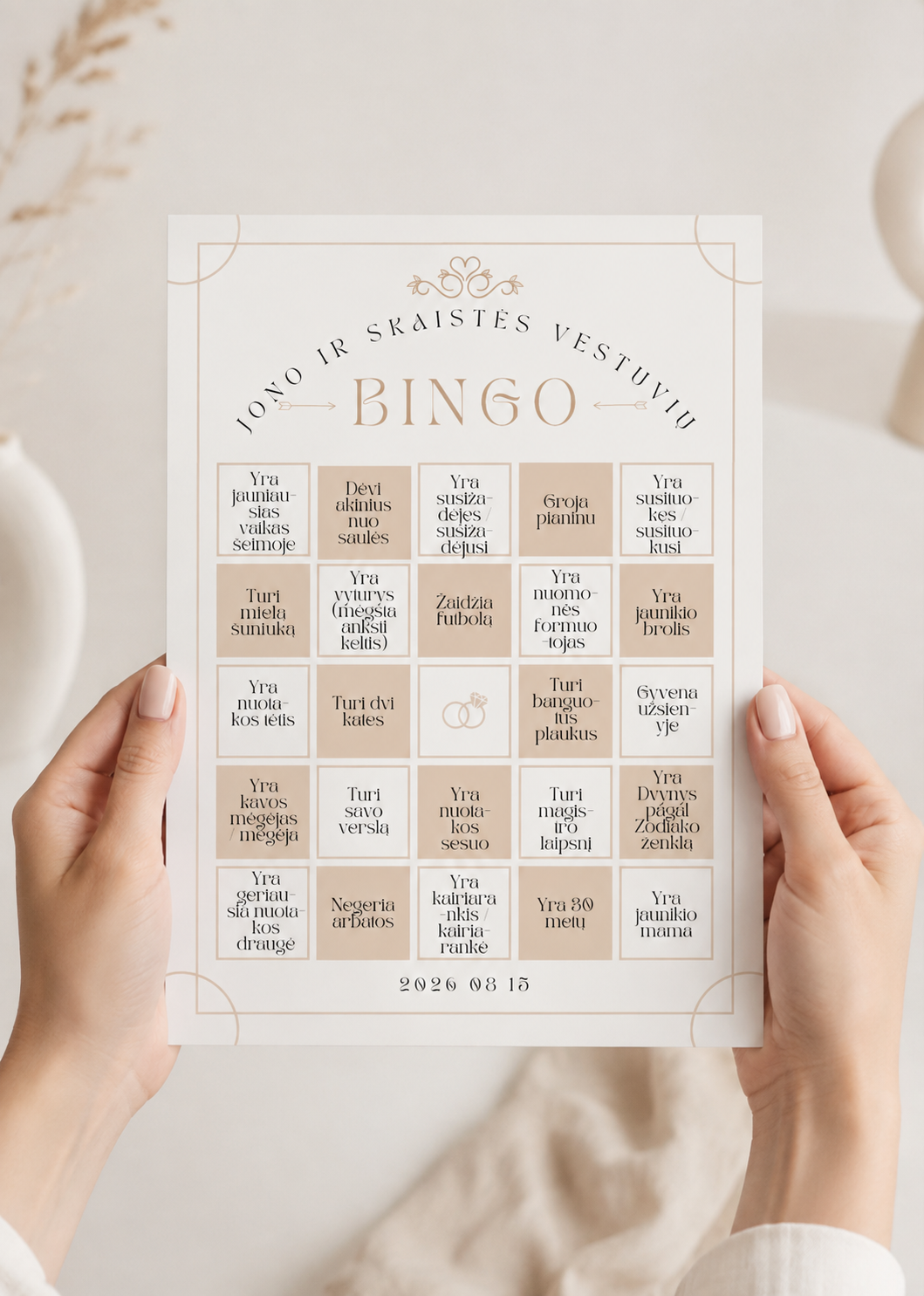 Vestuvių Bingo Kortelės „Surask svečią“ – Dizainas Nr. 2