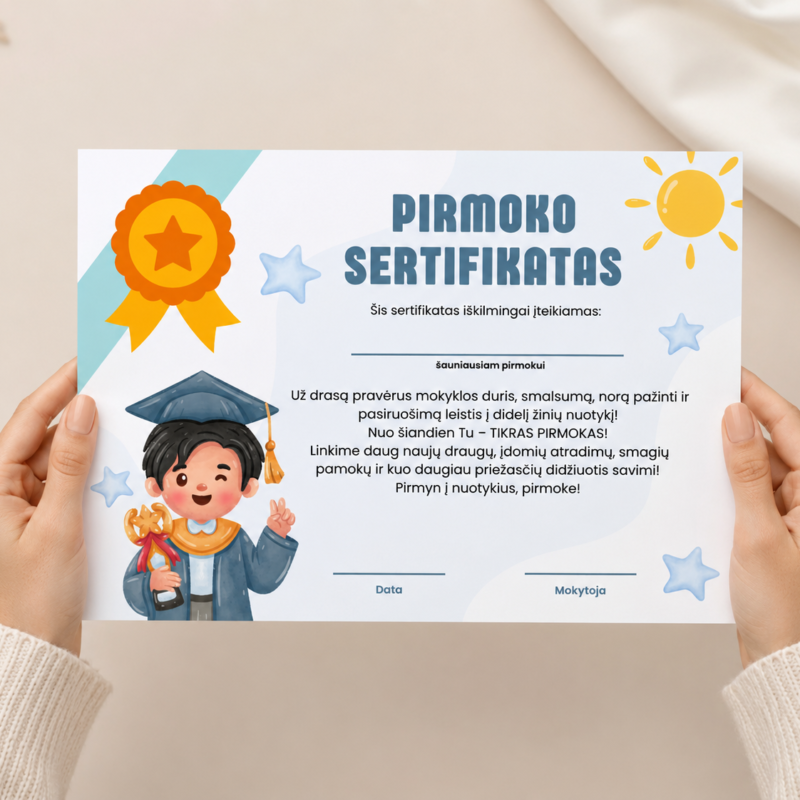 Pirmoko sertifikatas berniukui - Dizainas nr. 1