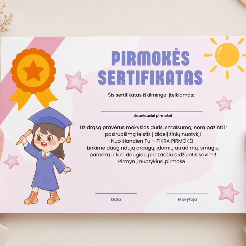 Pirmoko sertifikatas mergaitei - Dizainas nr. 1