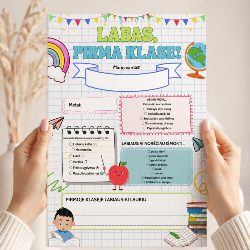 Pirmoko susipažinimo anketa „Labas, pirma klase!“ - Dizainas nr. 1