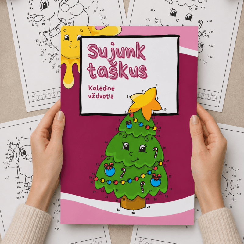 Kalėdinės užduotys vaikams „Sujunk taškus“ – 6 puslapių rinkinys