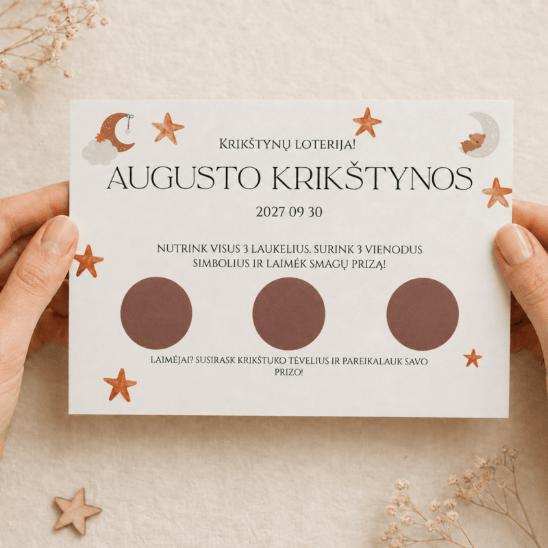 Personalizuota krikštynų loterijos kortelė – Dizainas nr. 1