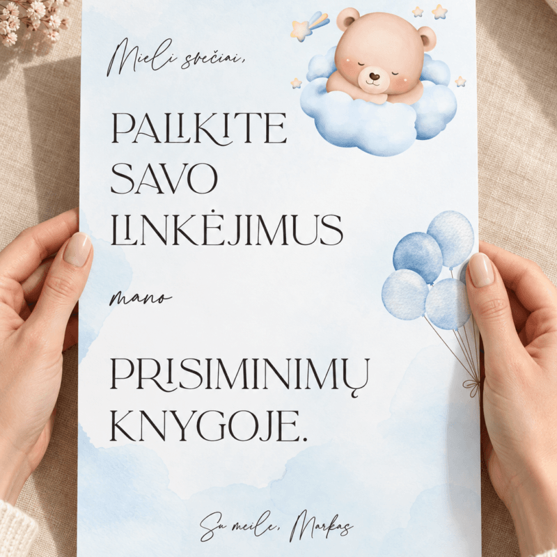 Kortelė prie krikštynų palinkėjimų knygos – Dizainas nr. 1